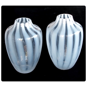 a large-scaled and shapely pair of Hessen Glaswerke mid-century white striated ovoid vases (West Germany) 