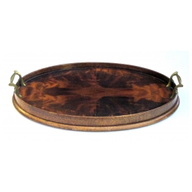  handsome english edwardian flame mahogany veneered oval tray with brass handles