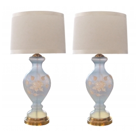 an ethereal pair of american 1960's frosted ice-blue glass baluster-form lamps with raised floral decoration