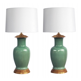  good quality pair of vintage celadon crackle-glaze lamps by Wildwood Lamp Co. 
