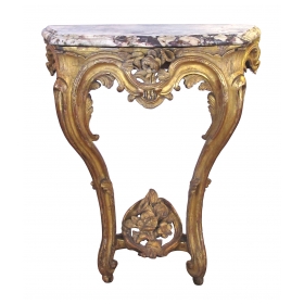  curvaceous and well-carved italian rococo giltwood wall console table with calcutta viola marble top