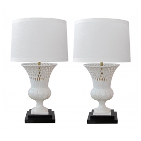  elegant pair of italian white-glazed basket-weave urn-form porcelain lamps