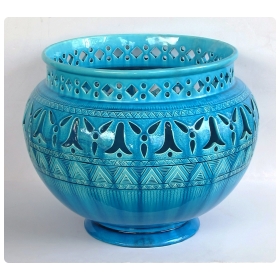 rare and large english burmantofts faience teal-glazed pierce-work jardinière/urn/pot 