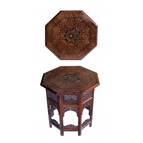  intricately inlaid anglo indian octagonal side/traveling table with brass and copper inlay