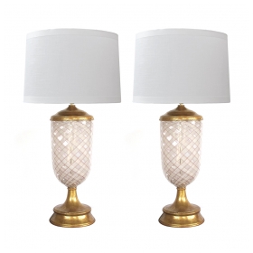  Large & Striking Pair of Murano Pink and White Lattacino Lamps by Dino Martens for Aureliano Toso 