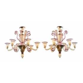 chic pair of murano gold-aventurine 6-light chandeliers with ruby-red trim