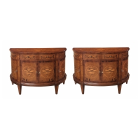 Handsome Pair of Baltic Neoclassical Style Marquetry Inlaid Birch and Walnut Demilune Commodes.