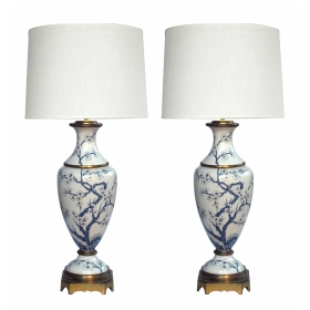  elegant pair of paris porcelain blue and white hand-painted baluster-form lamps