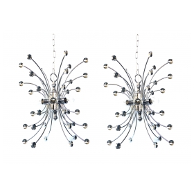  Stylish Pair of Italian 1960's Chromed Steel 6-light Farfalla (Butterfly) Pendants/Chandeliers