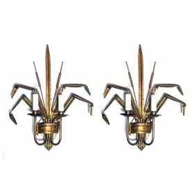 Stylish Pair of Italian 1960's Gilt-tole 2-arm Cattail Wall Lights/Sconces 