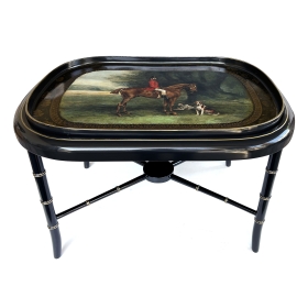 English Regency Style Hand-Painted Wooden Hunting Tray on Stand