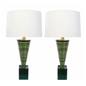 Pair 1950's Atomic Age Conical-form Green Glazed Ribbed Lamps 