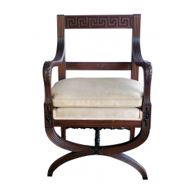 Handsome English Regency Style Curule-form Armchair with Greek Key Relief 