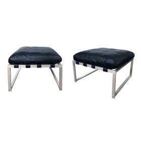 Rare Pair of Jørgen Høj (Danish, 1925–1994)  Aluminum Stools/Benches with Black Leather Cushions