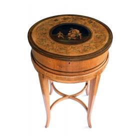 Italian Neoclassical Fruitwood Inlaid Cylindrical Sewing Box on Stand