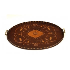 An Intricately Inlaid English Victorian Marquetry Oval Tray with Brass Handles