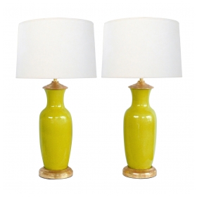 Pair of Chinese Chartreuse-Yellow Crackle-glaze Lamps