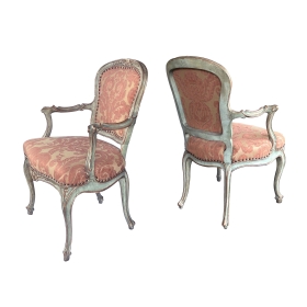 Shapely Pair of Italian Rococo Style Aqua Painted and Parcel-gilt Armchairs