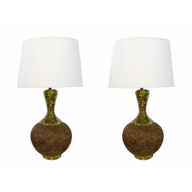 Massive Pair of 1960's Cork Lamps with Mottled Olive-Green Ceramic Mounts