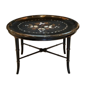 English Victorian Painted and Inlaid Oval Papier-Mache Tray-on-Stand