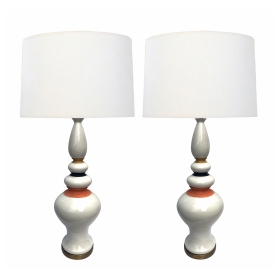 Shapely Pair of 1960's White-glazed Lamps with Mustard, Black and Coral Highlights