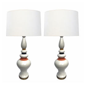 Shapely Pair of 1960's White-glazed Lamps with Mustard, Black and Coral Highlights