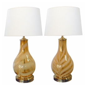 A Shapely Pair of 1970's Murano Butterscotch Art Glass Bottle-form Lamps Infused with White Swirls