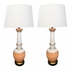 Pair of Frederick Cooper 1960's Peach and White Crackle-glaze Lamps