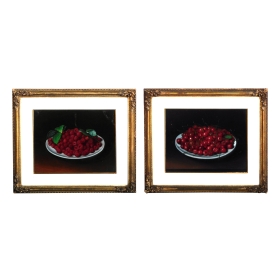Gouache on Paper: Pair Victorian Still Life Paintings of a Bowl of Cherries and Red RasberriesGouache on Paper: Pair Victorian Still Life Paintings of a Bowl of Cherries and Red Rasberries