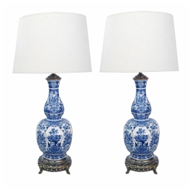 A Striking Pair of Antique Dutch Delftware Blue and White Double-baluster Vases now Mounted as Lamps