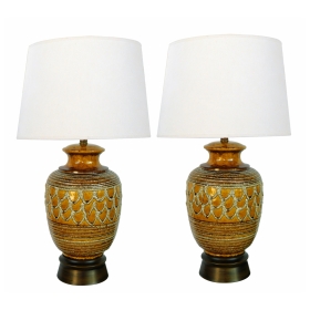 Boldly-scaled Pair of Italian 1960's Ochre-glazed Jar-form Lamps with Lava-glaze Decoration