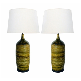  Impressively Large Pair of American 1960's Geometrically Textured Drip Glaze Ceramic Lamps 