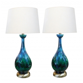 A Richly Colored American 1960's Bottle-form Emerald Green and Blue Drip-glaze Lamps