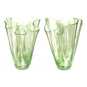  Shapely Pair of Murano Art Deco Chartreuse Glass Handkerchief Vases