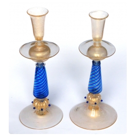 Pair of Murano Gold Aventurine and Blue Filigrana Glass Candlesticks
