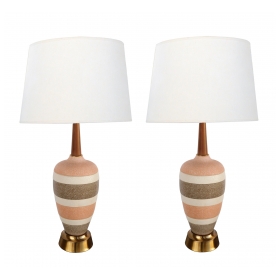 Stylish Pair of Danish Modern Coral, Brown and Ivory Salt-glazed Lamps