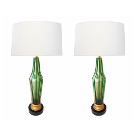 Pair of Murano 1960's Art Glass Lamps with Applied Green Decoration