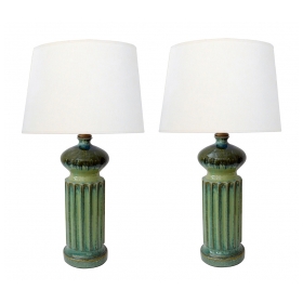 Pair of 1960's Celadon Drip Glaze Ceramic Columnar Lamps