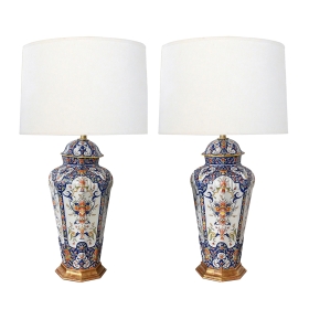 19th Century Pair of French Polychromed Faience Octagonal Urns Now as Lamps