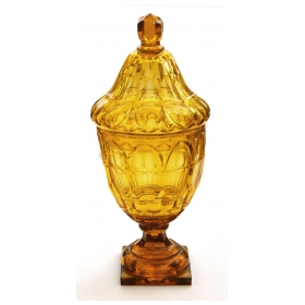 Large Bohemian Cut Crystal Amber-colored Covered Jar