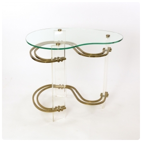 Stylish Kidney-shaped Glass and Lucite Side Table with Curvaceous Glass Stretchers