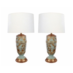 Pair of French 1940's Pale-Blue Opaline Glass Lamps with Gilt Decoration 