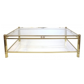 a good quality french 1970's neogothic-inspired rectangular brass coffee table with glass top and lower shelf