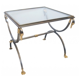 a stylish and good quality french 1960's brushed steel and brass side table with glass and swan supports