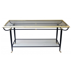 a good quality french 1950's brass and black metal console table with beveled glass top and lower shelf