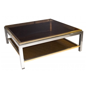 a good quality french 1970's signed maison charles square brass and chrome coffee table with smoked glass top and lower shelf