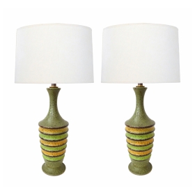 Pair of 1960's Ribbed Ovoid-form Lamps with Green Textured Glaze 