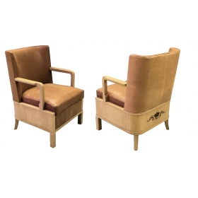 chic pair of french 1940's sycamore marquetry open armchairs in the manner of maurice jallot