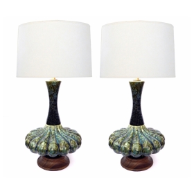 An Iconic Pair of Mid-Century Green Mottled-Glazed Globular Lamps