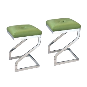 Pair of 1970's Z-form Chrome Stools with Apple Green Leather Upholstery